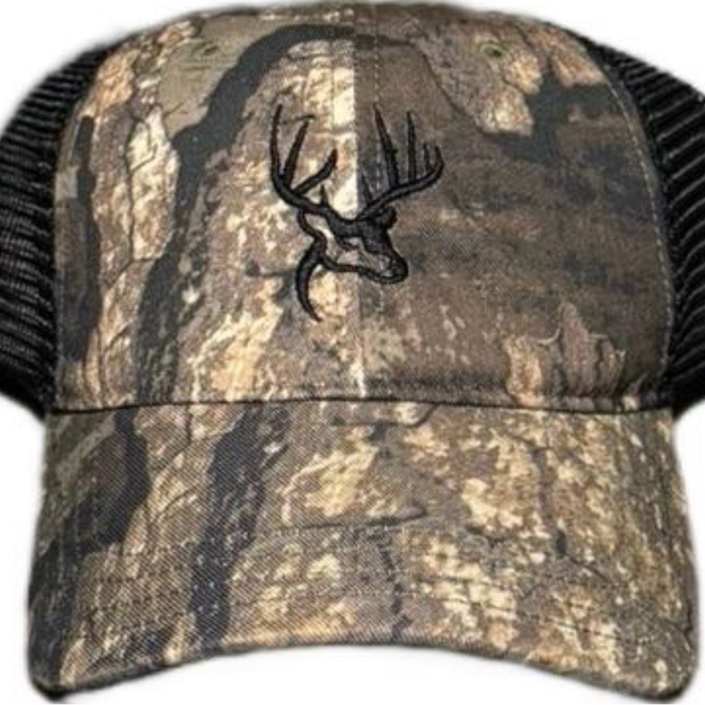 Camo Trucker Hat with Black Embroidered Deer Head  Brown/Black